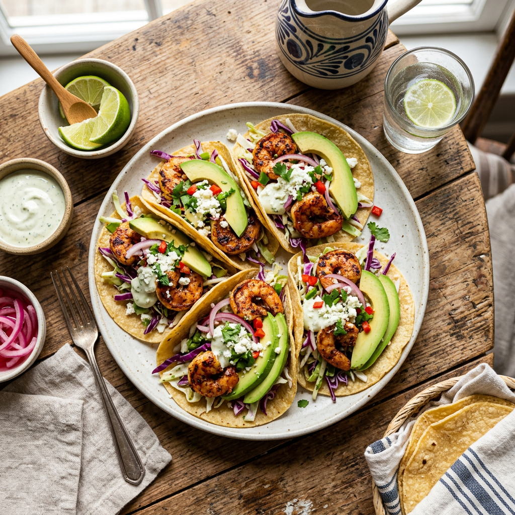 Four shrimp tacos with avocado slices, cabbage slaw, creamy sauce, and red peppers on a plate