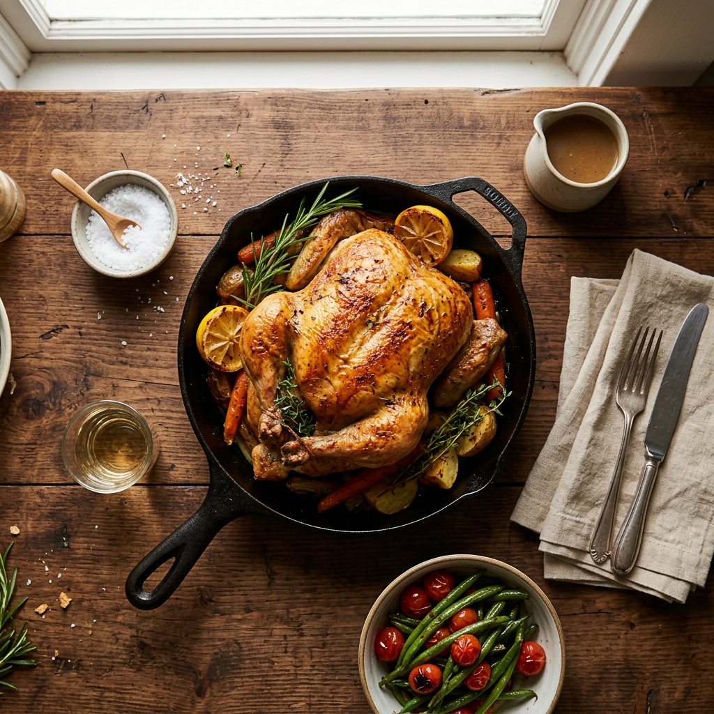 Roasted whole chicken with carrots, potatoes, lemon, and herbs in cast-iron skillet, green beans and cherry tomatoes in bowl, salt, sauce, and cutlery on wooden table