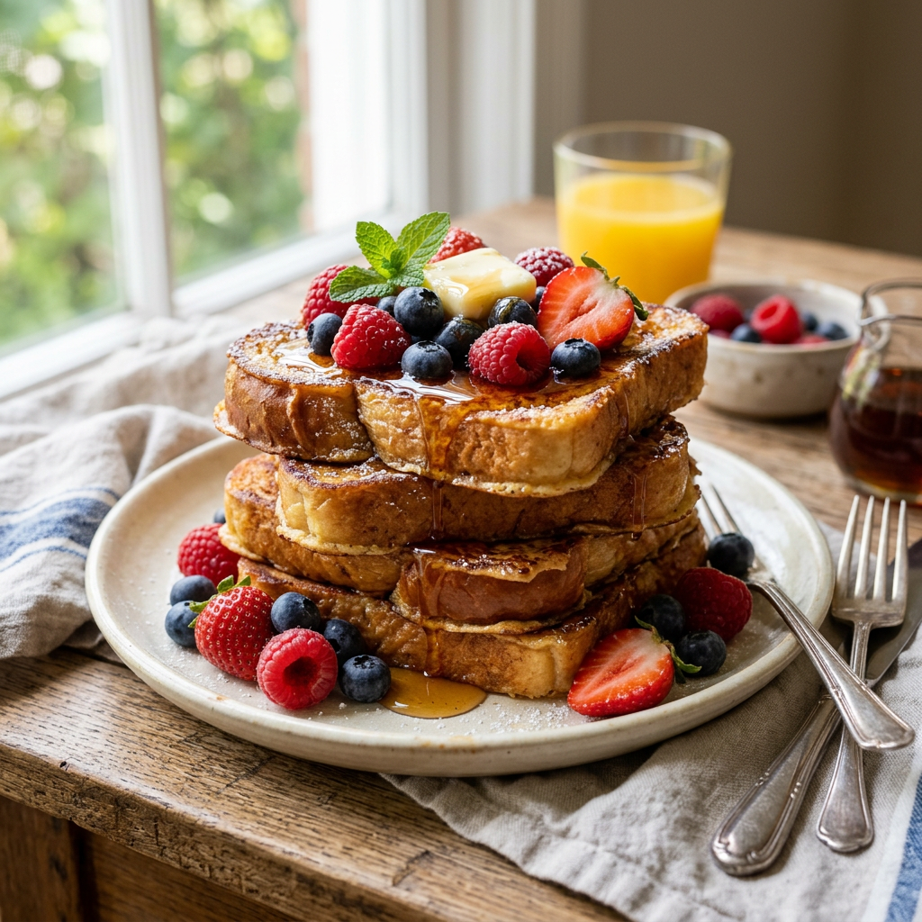 Three slices of French toast stacked on a plate with strawberries, blueberries, raspberries, butter, and syrup