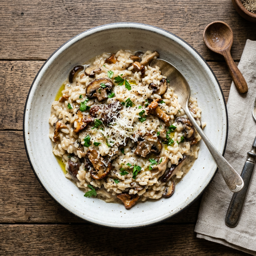Overhead mushroom Parmesan risotto in bowl