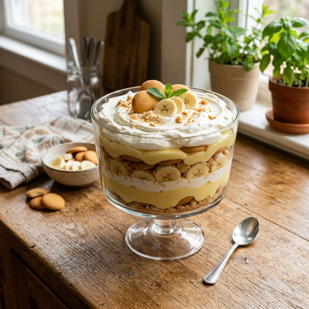 Layered banana pudding with vanilla wafers, sliced bananas, custard, and whipped cream in a glass bowl