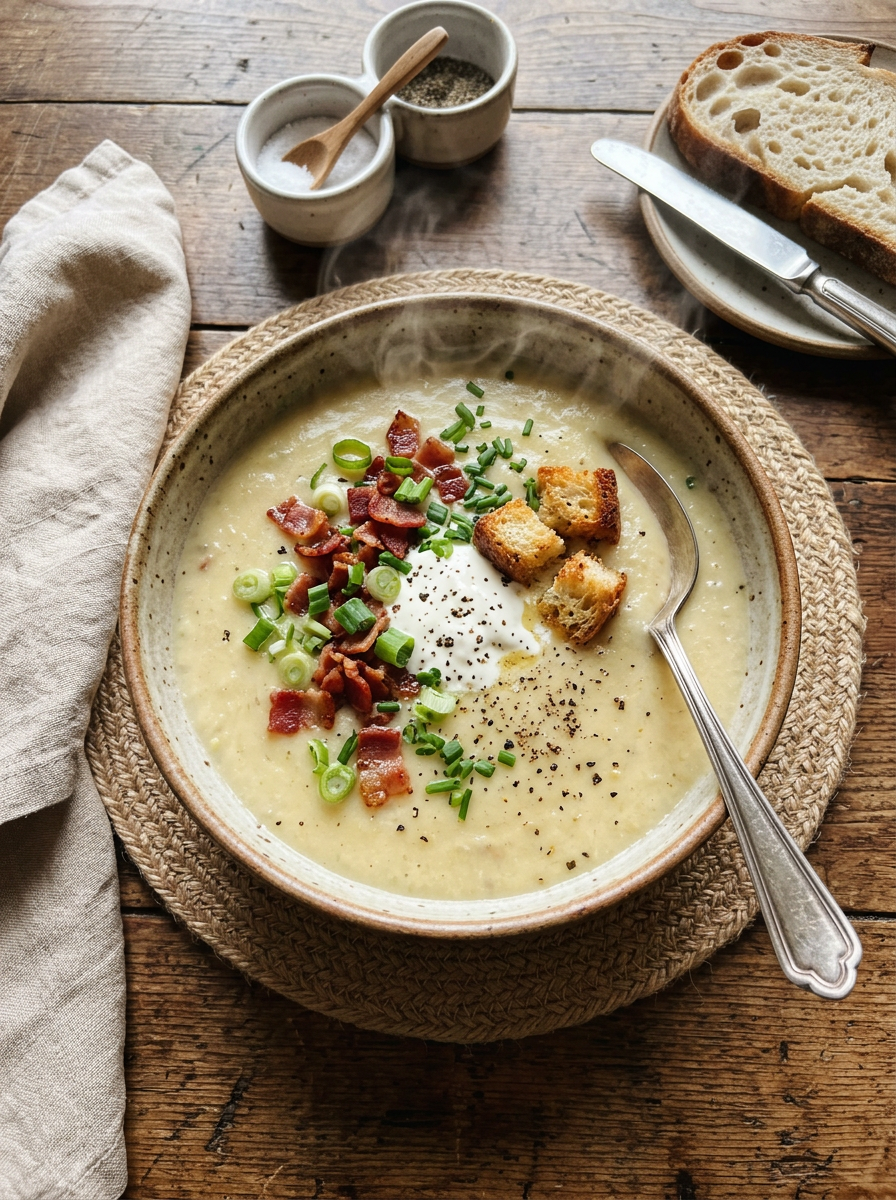 Creamy potato soup in a bowl with cheddar, sour cream, bacon bits, and chives on a wooden kitchen counter