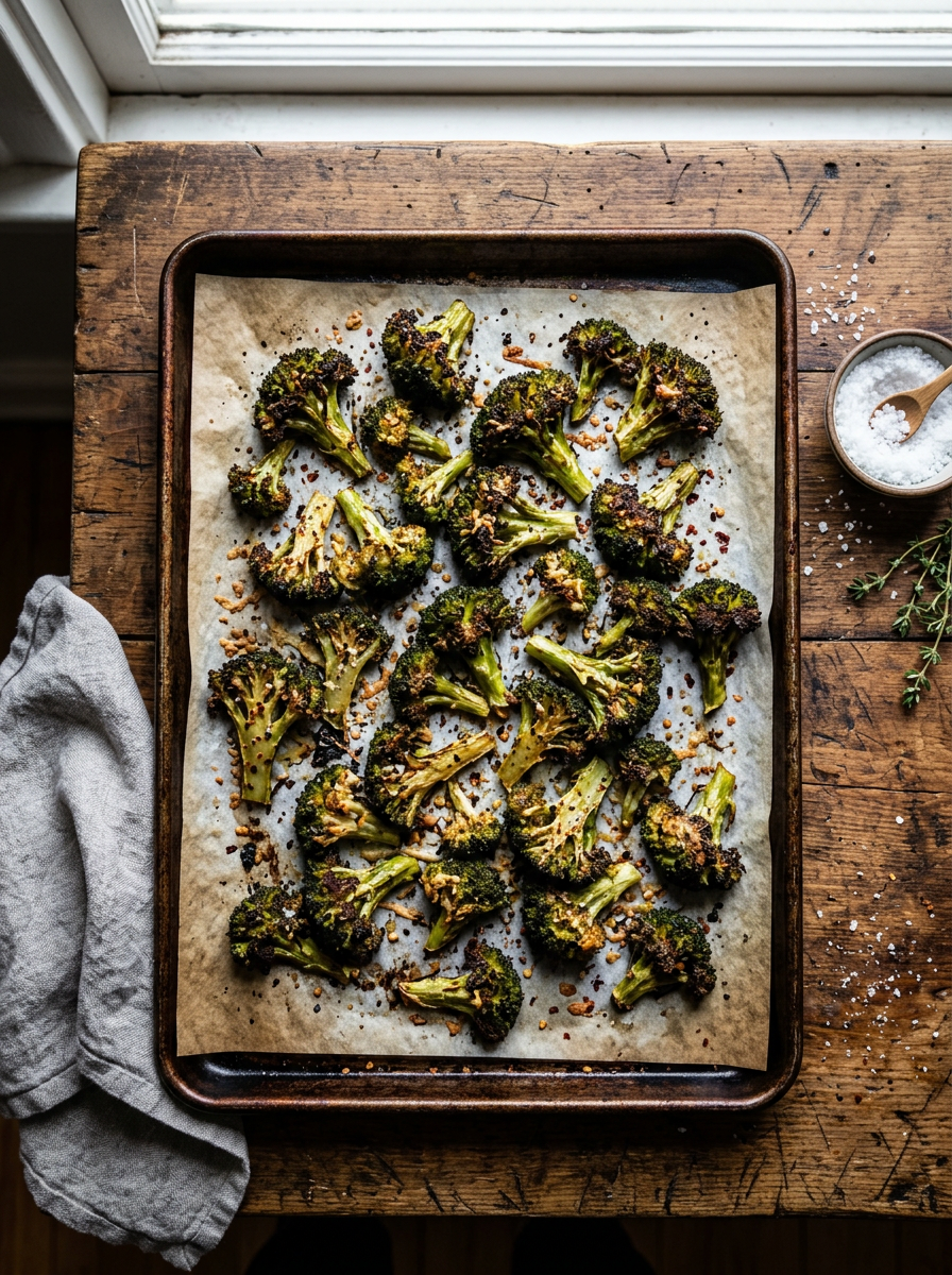 Crispy roasted broccoli recipe with caramelized edges on a wooden kitchen counter