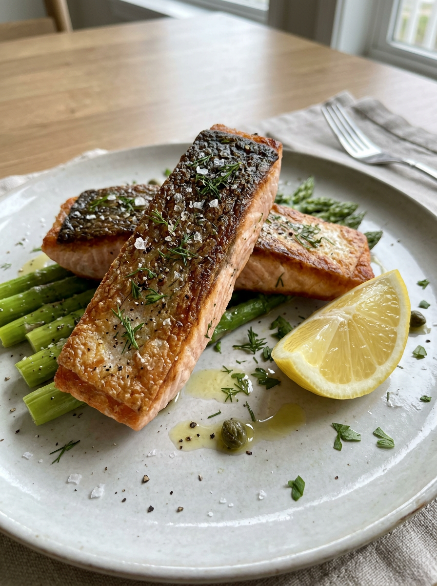 Air fryer salmon recipe with crispy skin and moist pink flesh on a wooden kitchen counter