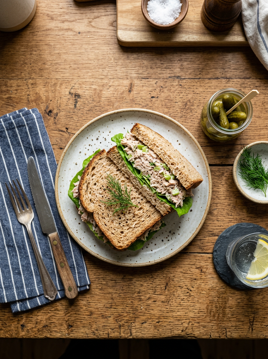 Tuna salad sandwich on toasted bread sliced diagonally on a wooden kitchen counter