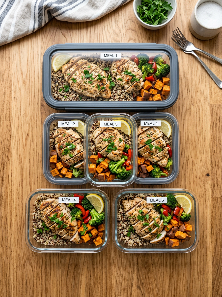 Meal prep containers labeled Meal 1 to Meal 5 with grilled chicken, quinoa, broccoli, bell peppers, and sweet potatoes.