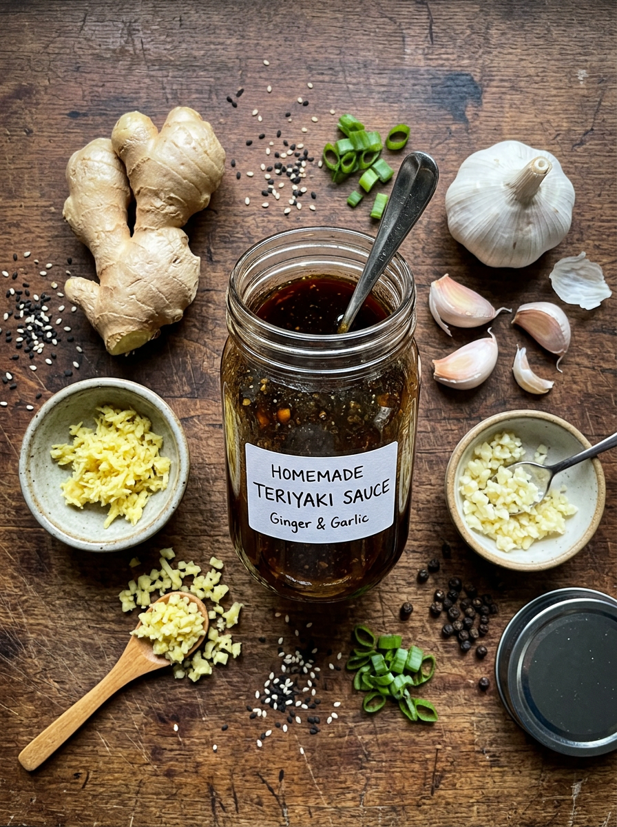 Jar of homemade teriyaki sauce with fresh ginger, garlic, green onions, sesame seeds, and black pepper on wooden surface