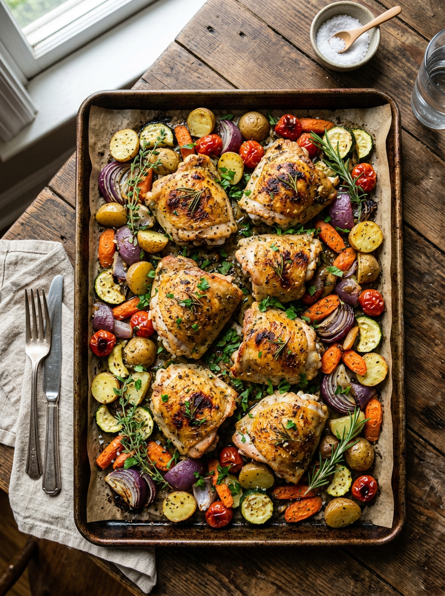 Tray of roasted chicken thighs with potatoes, carrots, cherry tomatoes, zucchini, and red onions