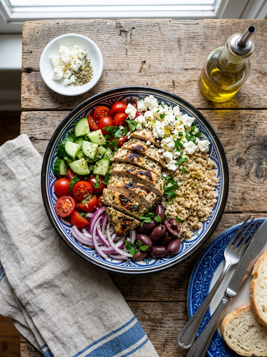 Grilled chicken breast with cucumbers, cherry tomatoes, red onions, kalamata olives, feta cheese, and bulgur wheat in a bowl