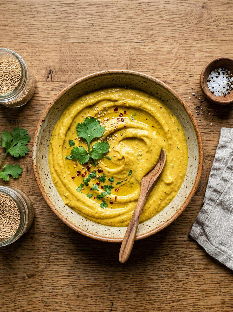 Bowl of yellow turmeric hummus topped with cilantro, sesame seeds, and red chili flakes, with a wooden spoon