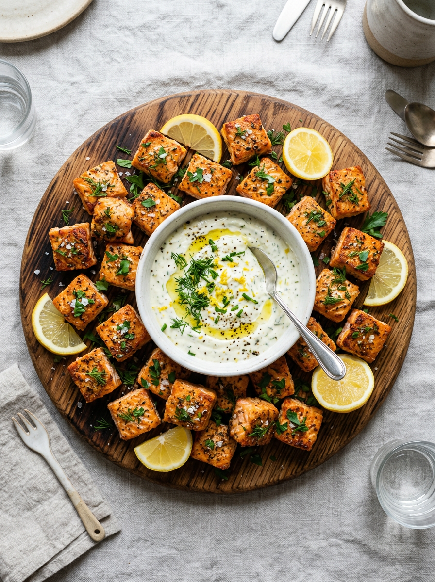 Low-Calorie Air Fryer Salmon Bites With Lemon Herb Dip