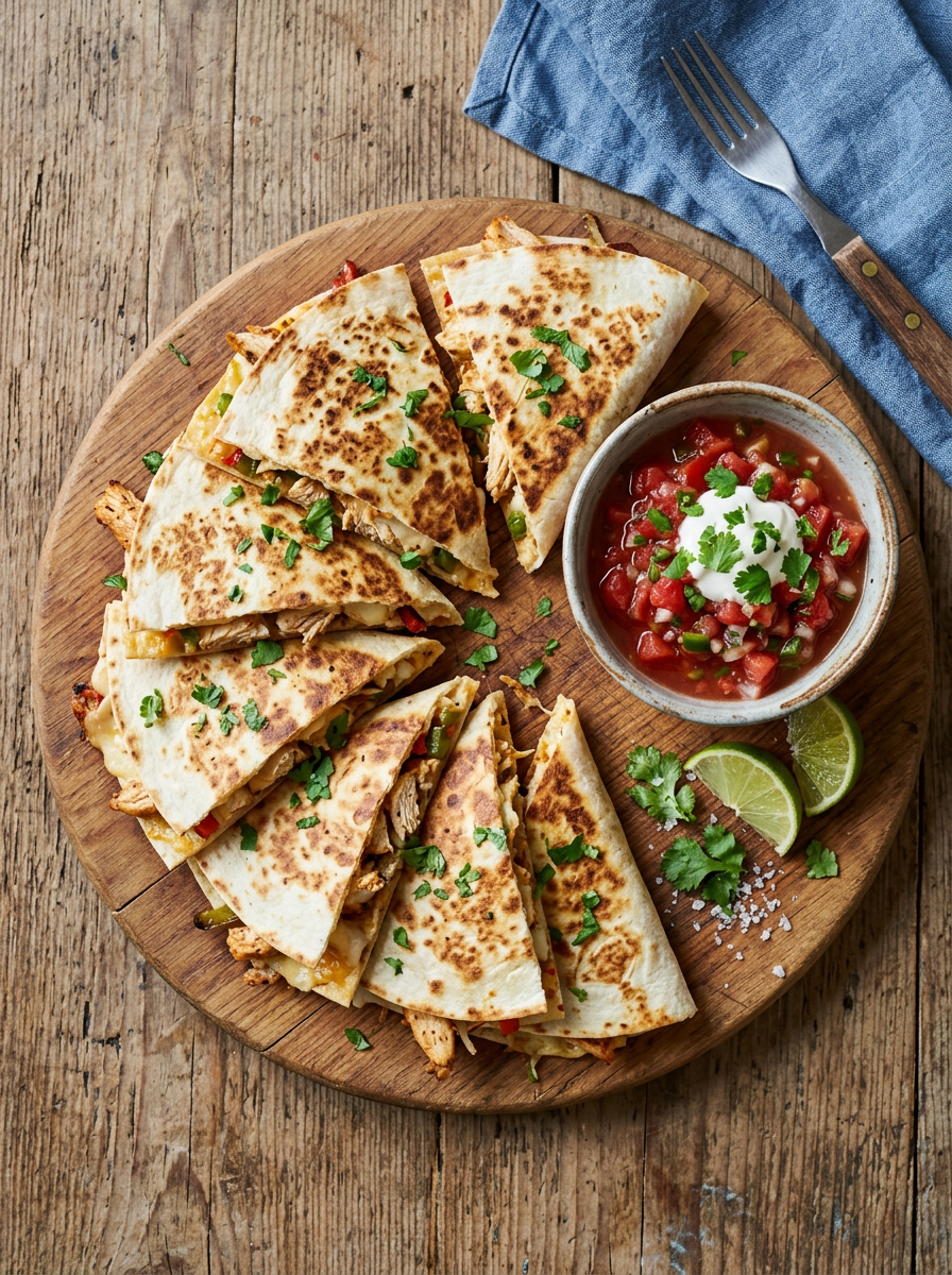 Chicken quesadillas garnished with cilantro on wooden board with salsa and lime
