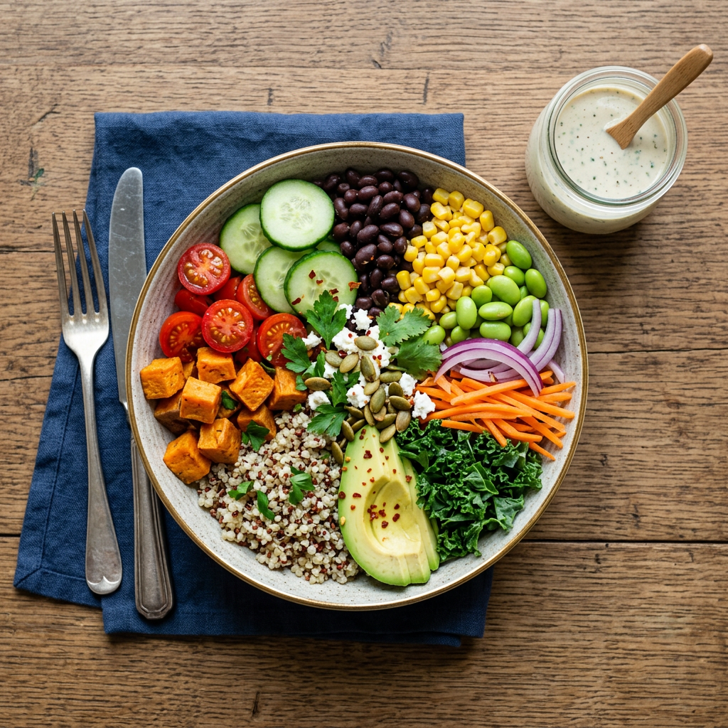 Quinoa bowl with cucumber, cherry tomatoes, black beans, corn, edamame, red onion, carrots, kale, avocado, roasted sweet potatoes, cottage cheese, pumpkin seeds, and cilantro
