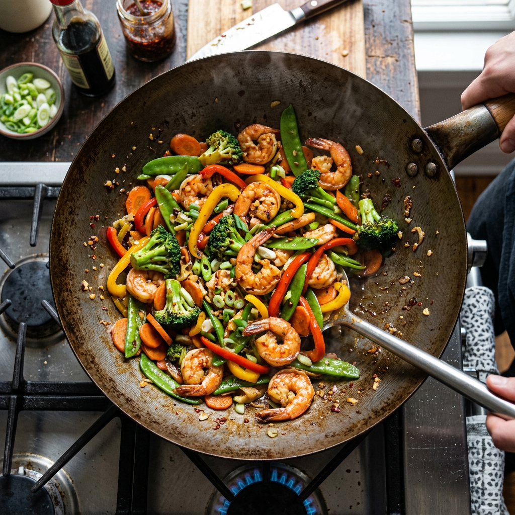 Shrimp stir-fry with broccoli, bell peppers, snap peas, and carrots in a wok