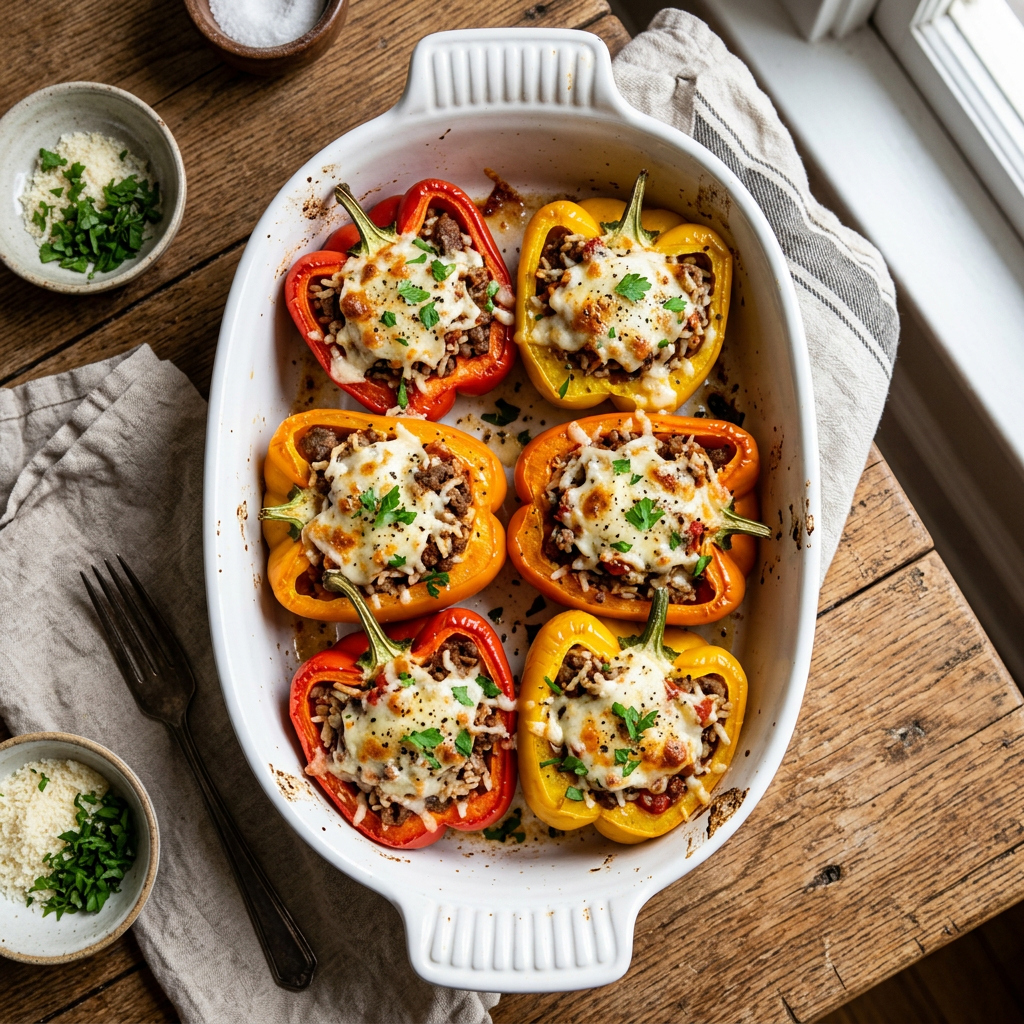 Six stuffed red, yellow, and orange bell peppers topped with melted cheese and herbs in a white baking dish